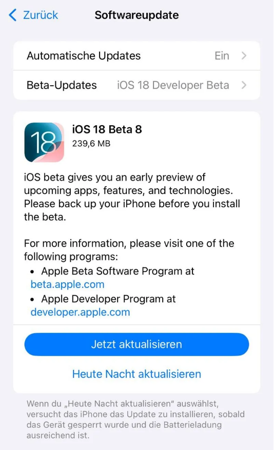 应县苹果手机维修分享苹果 iOS / iPadOS 18 开发者预览版 Beta 8 发布 